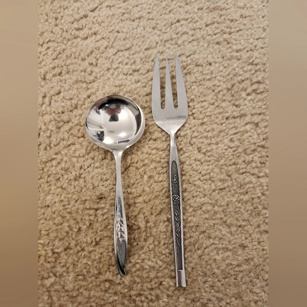 Set Of 2 Stainless Steel Fork And‎ Spoon Floral #FF